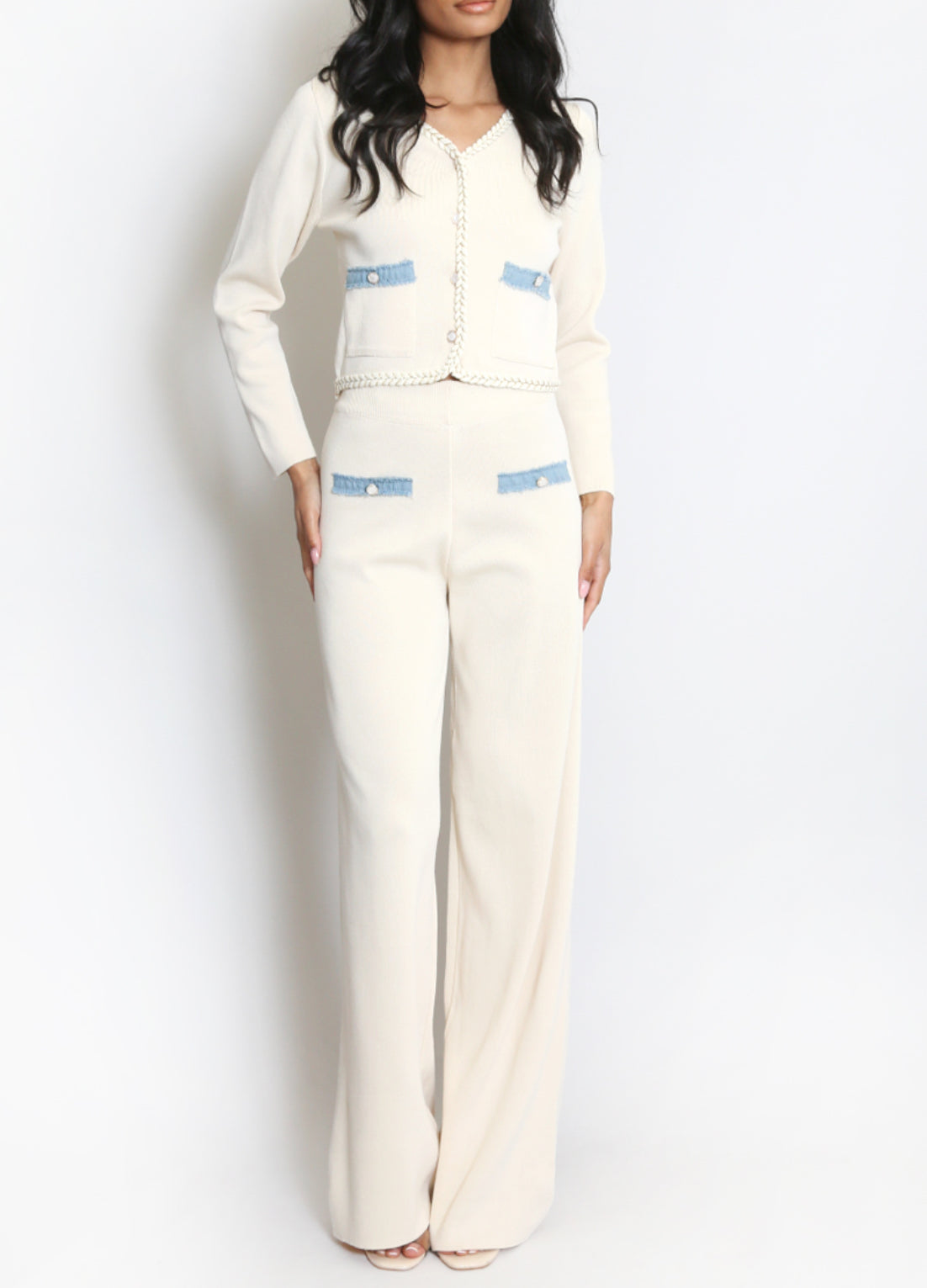 CoCo Denim Detail Cream Knit Trouser