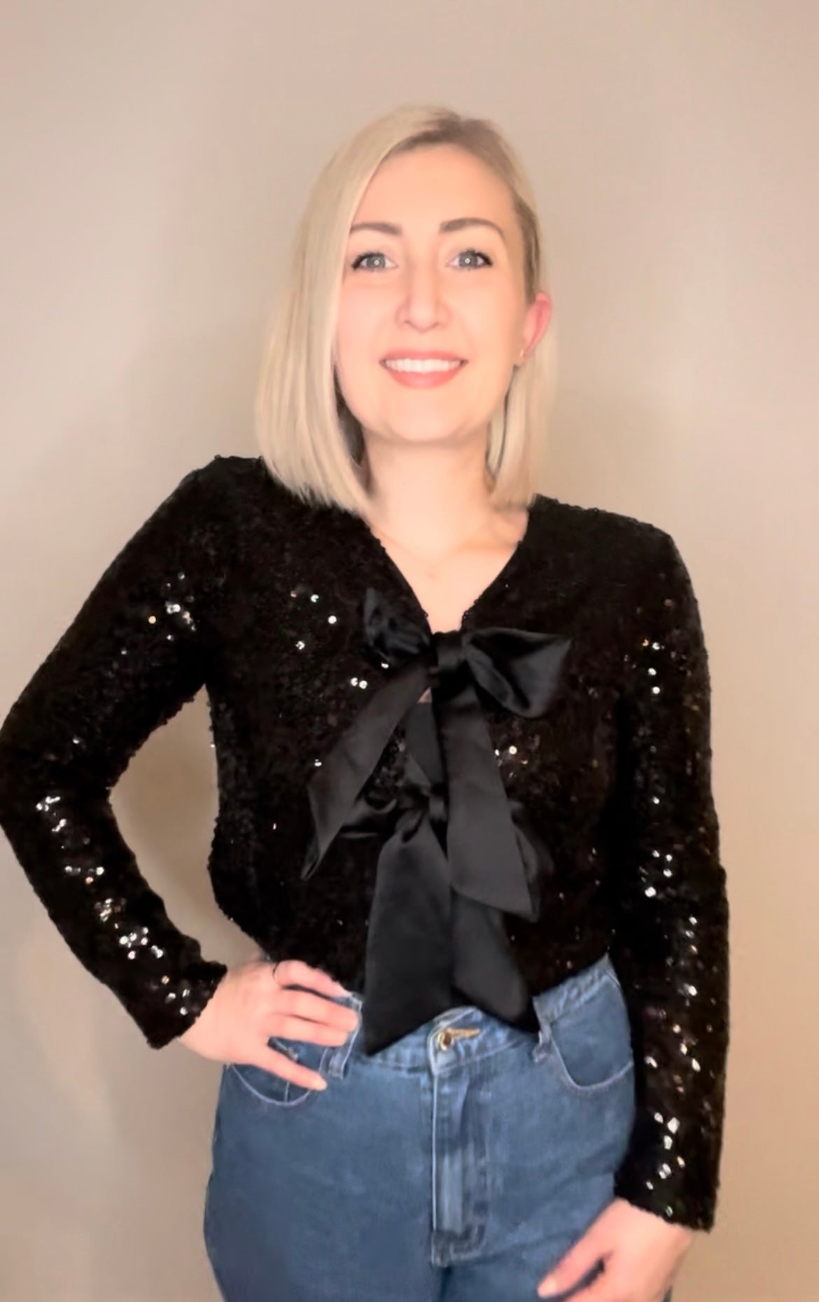 Sequin Bow Tie Front Top