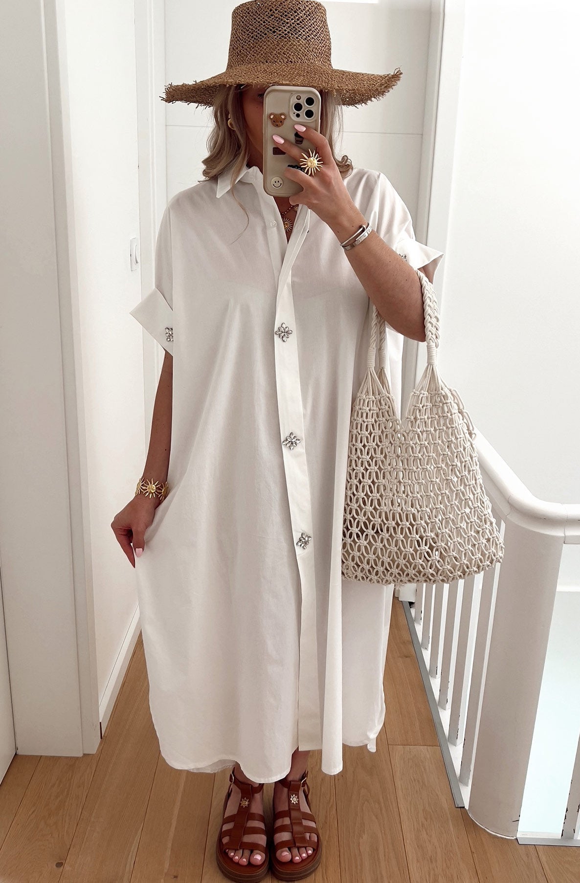 Diamante Button Maxi Shirt Dress