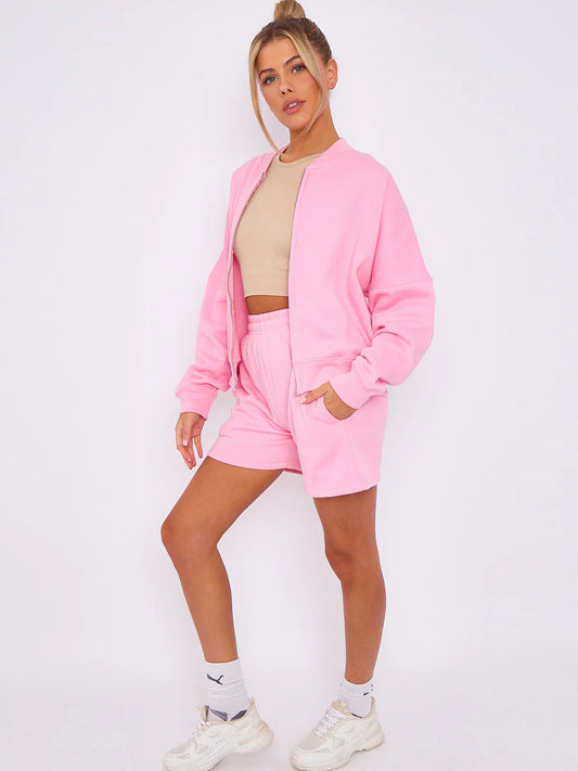 Oversized Sweatshirt Bomber Jacket & Shorts Co-Ord Set
