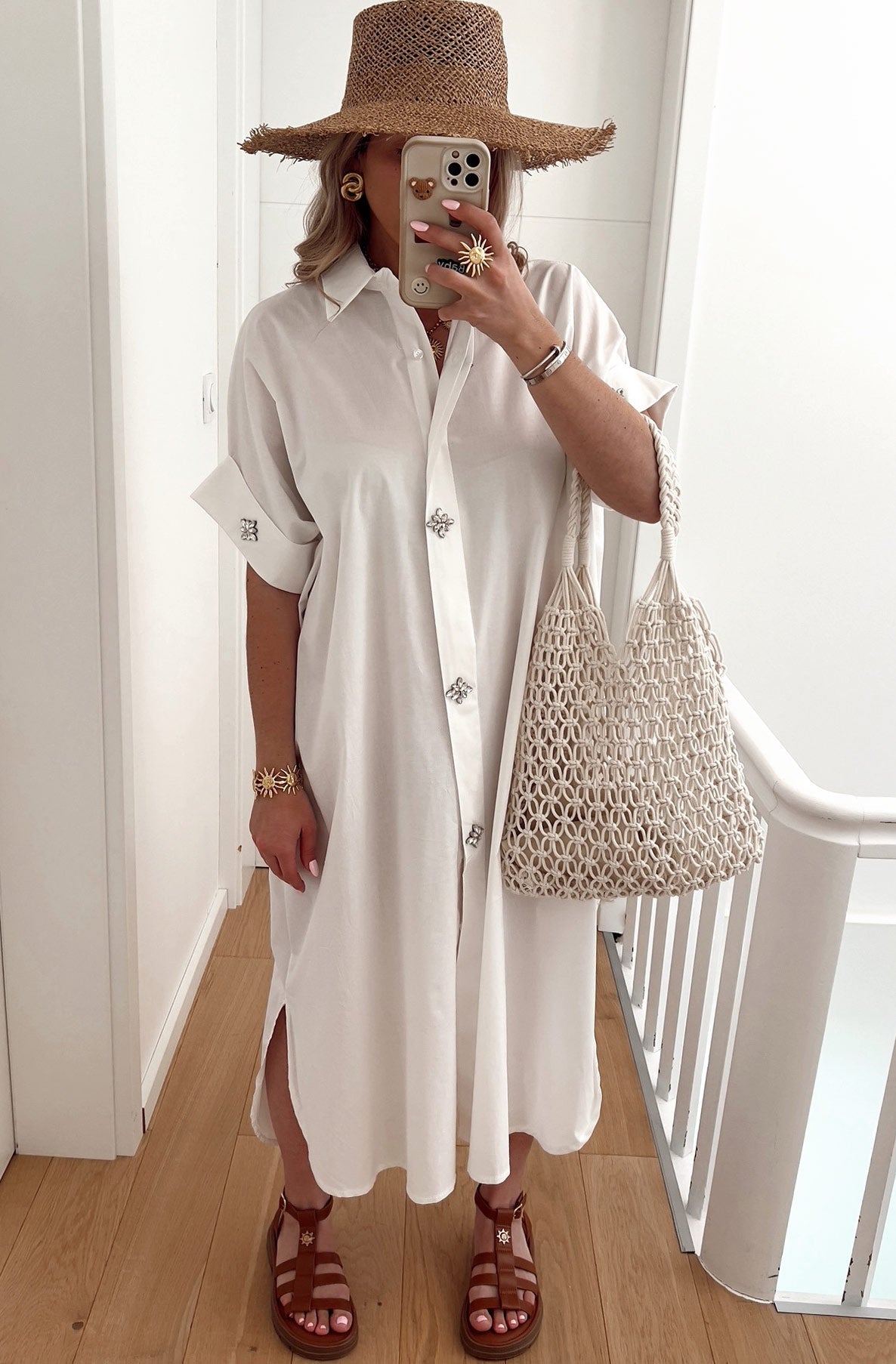 Diamante Button Maxi Shirt Dress