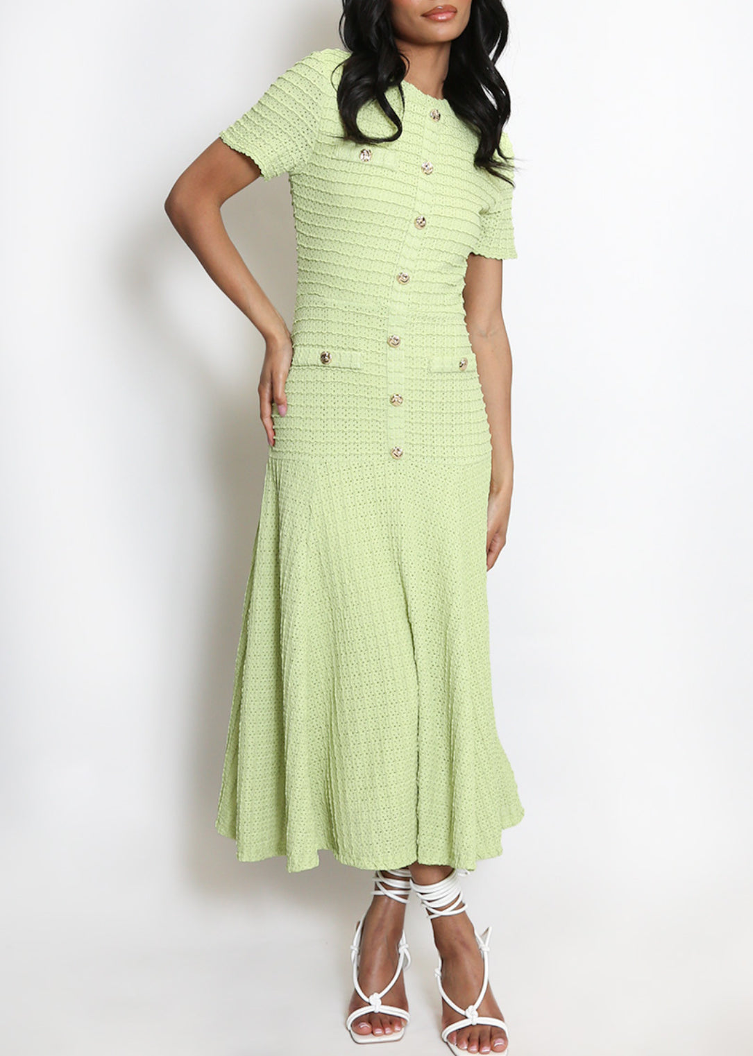 Très Chic Gold Button Detail Lime Midi Dress
