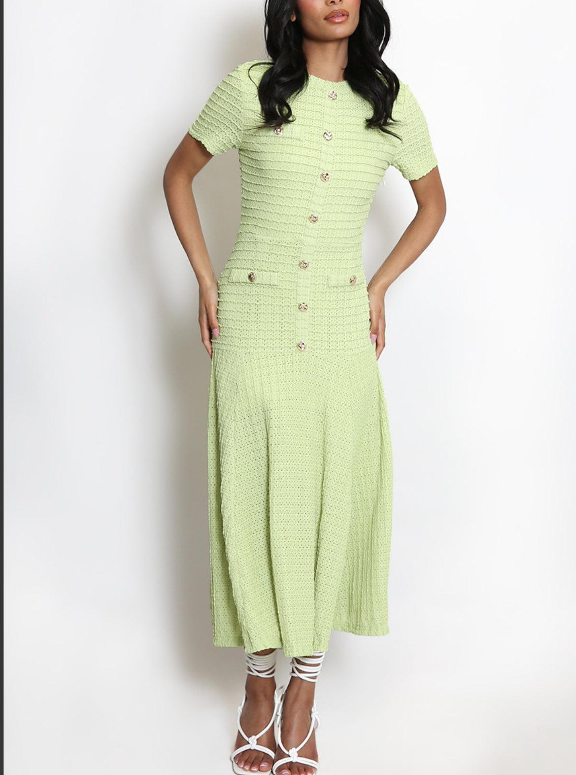 Très Chic Gold Button Detail Lime Midi Dress